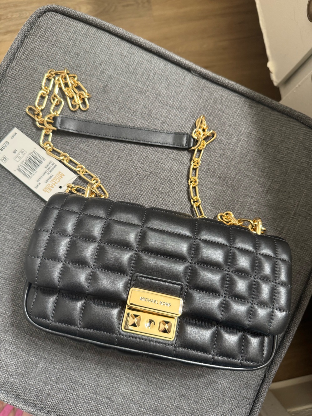 Michael Kors Black Quilted Leather Crossbody with Gold Chain